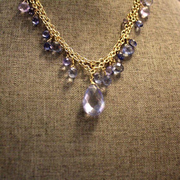 Dana Kellin Light Gold with Clear Blue Stone Necklace. - Picture 2 of 2